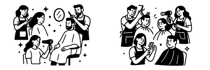 Black and white line art of hairstylists and barbers cutting and styling hair for male and female clients in a busy salon