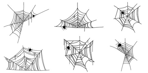 Black Spider halloween witch decoration web hand drawn doodle sketch for holiday spooky scary party. Bug doodle character
