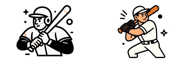Collection of cartoon baseball player icons featuring a batter swinging and a player holding a bat in monochrome and color variations © Mark