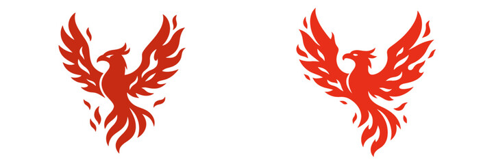 Set of stylized red phoenix bird silhouettes with fire wings, mythical creature icons symbolizing power and rebirth for a brand logo