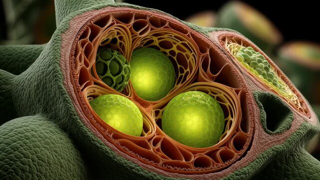 Synthetic Biology concept, microscopic plant pollen grain and spore cross section with glowing pollen sac cells and textured