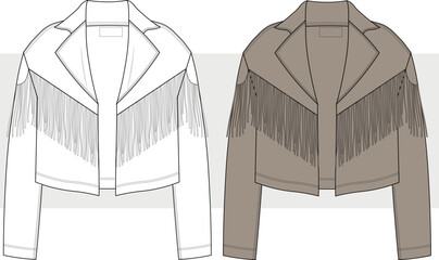 Women Fringe Jacket, Western Suede Leather Cardigan Jacket fashion technical drawing, illustration.  Cowboy Style Tassels Coat Vector. CAD, Mockup.