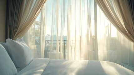 Hotel bed with crisp white linens and decorative pillow in soft morning light through sheer curtains.