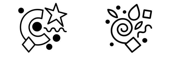 Set of two abstract compositions with geometric and organic shapes in a minimalist black and white line art style