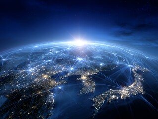 地球とネットワークが繋がる夜のアジアと日本の光景