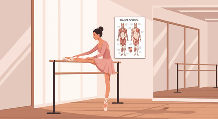 Ballet dancer stretching at the barre in a dance studio illustration training lesson practice