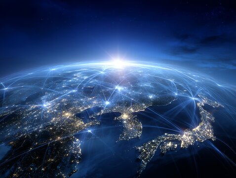 地球とネットワークが繋がる夜のアジアと日本の光景