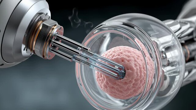 Synthetic Biology concept, Robotic surgical instrument manipulating biological cell laboratory sterile precision microscope