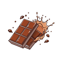 Delicious chocolate bar artfully broken into pieces with dynamic cocoa powder splashes and drips