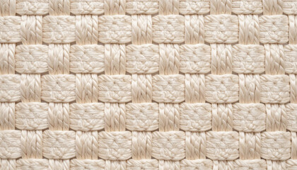 Close-up view of a woven material with a repeating square pattern, beige color.