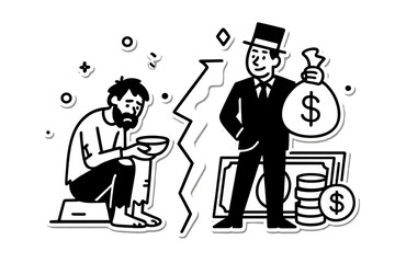 Conceptual art of social inequality and economic disparity showing a poor homeless man begging and a rich businessman with a bag of money