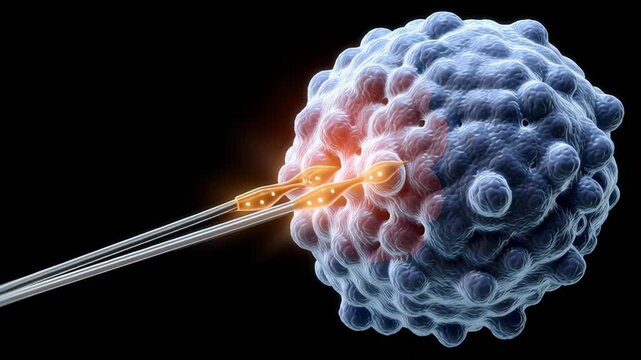 Synthetic Biology concept, micromanipulation of cell cell micropipette injection embryo laboratory microscopic immune cell