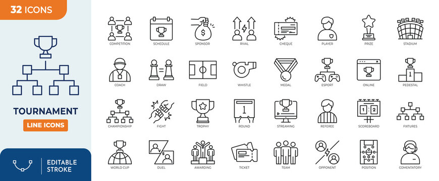 Tournament line editable icon set. Contain icons related to Competition, tournament, championship, games, and more. Editable stroke. Vector illustration