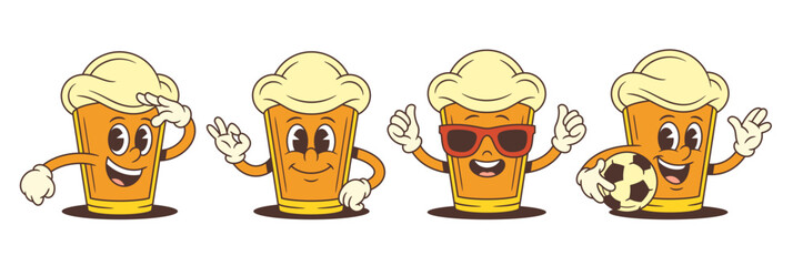 Cartoon beer mascot character wearing sunglasses shows thumbs up, salutes, waves hand and poses with soccer ball using playful emotional gestures. Vector illustration
