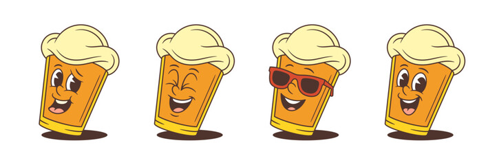 Bright yellow cartoon beer mascot character slightly tilted, showing joyful and playful emotions through expressive facial features, perfect for fun and lively creative projects. Vector illustration