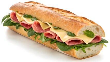 Hearty Classic Beef And Cheese Breakfast Baguette Stuffed With Savory Ham And Fresh Spinach, Golden Crispy Artisan Bread Perfect For Morning Fuel, Brunch Comfort, Or Cafe Style Treat