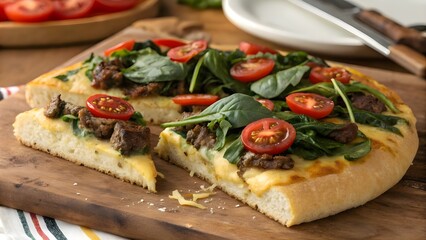 Savory Classic Beef And Cheese Breakfast Focaccia Topped With Fresh Spinach And Juicy Tomato, Golden Herb-Infused Bread Perfect For Morning Energy, Brunch Table, Or Cafe Treat