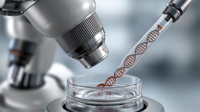 Synthetic Biology concept, Laboratory microscope pipette DNA petri dish research genetics gene editing experiment transferring