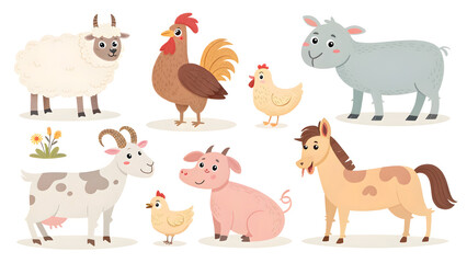 Obraz premium Charming farm animals collection featuring sheep rooster goat chick horse cow pig and bunny for countryside scenes