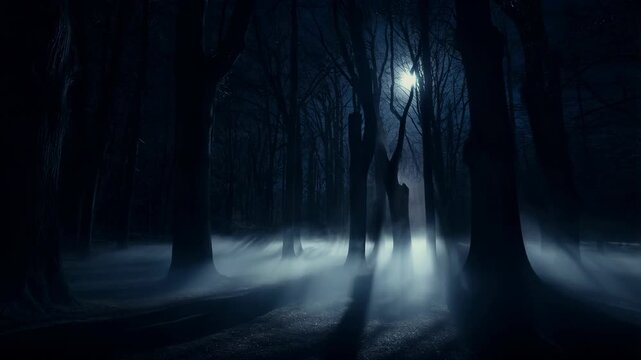 A seamless looping video of a haunted forest at night with thick fog drifting across the ground under moonlight, perfect for spooky Halloween scenes and backgrounds, Ai Generate.