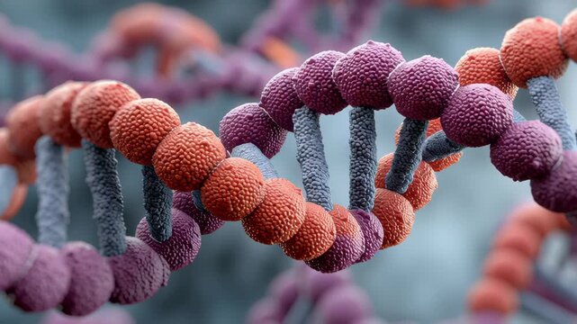 Synthetic Biology concept, double helix dna strand molecular structure pink orange purple textured nucleotide spheres close up