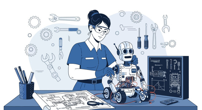 Woman engineer working on a robot project with tools and schematics in a workshop setting