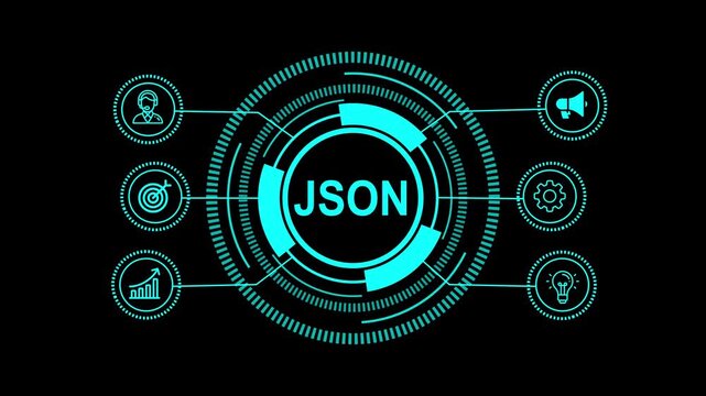 Futuristic json data format concept with glowing blue interface elements, showcasing user, target, growth, speaker, settings, and idea icons on a black background for modern technology applications
