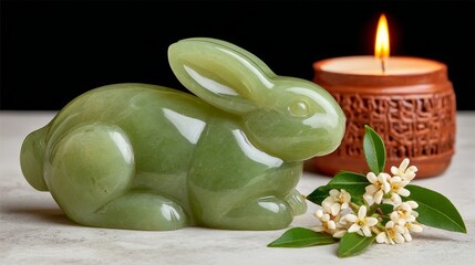 Close-up of jade rabbit figurine with osmanthus blossoms under moonlight, cinematic fine art photography of serene mystical atmosphere