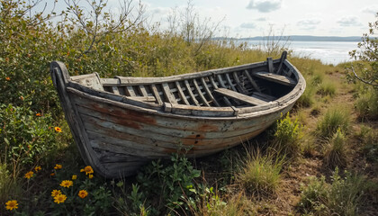 Obraz premium Weathered wooden boat on grassy shoreline