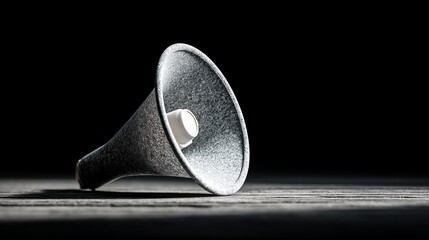 Close-up of megaphone on textured wooden surface, cinematic product photography with minimal dark background