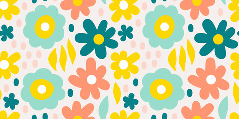 Whimsical floral pattern with teal coral yellow and mint flowers on a light background