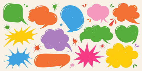 Collection of colorful hand drawn speech bubbles and starbursts with a textured vintage feel
