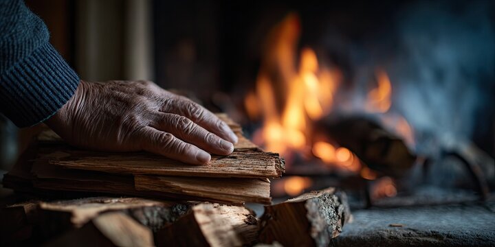 A weathered hand rests on stacked firewood, with a warm fireplace in the background