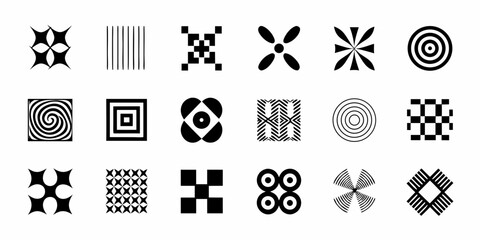 Collection of diverse geometric abstract symbols and patterns in black and white