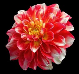 Red and White Dahlia Flower Closeup on Black Background