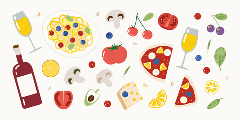 A vibrant and colorful collection of italian food and drink elements arranged in a playful pattern