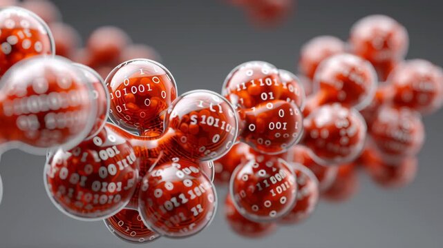 Synthetic Biology concept, red molecular sphere binary code data molecular red sphere binary code data red glossy molecular