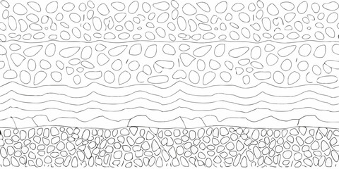 Abstract hand drawn illustration of geological layers with pebbles and wavy lines in black and white