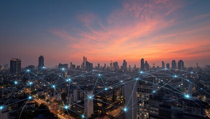 Obraz premium City skyline at sunset, interconnected by a network