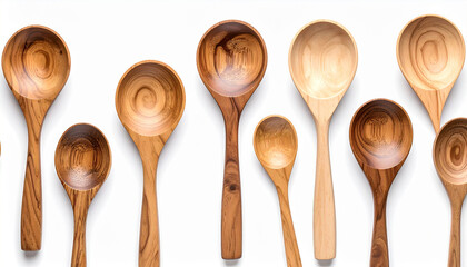 Wooden cooking utensils including a spoon, fork, and spatula on a white background