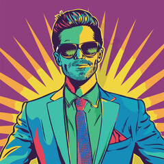 Colorful pop art portrait of a stylish man in suit and sunglasses with a radiant background, symbolizing confidence, fashion, and retro culture.