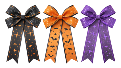 Halloween glitter ribbons PNG set –  sparkling bows in black, orange and neon purple with spooky glitter texture, isolated transparent background