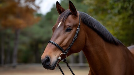 Obraz premium A majestic brown horse with a leather bridle and harness stands calmly in a peaceful outdoor setting, surrounded by lush greenery and the colors of autumn.