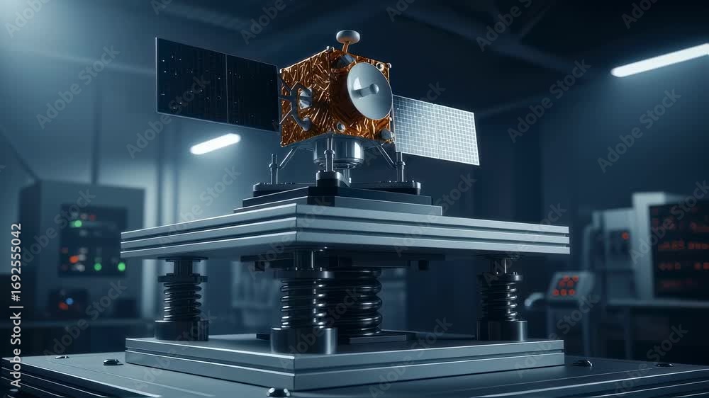Poster vibration table machinery with visible shock absorbers beneath weather satellite model demonstrating