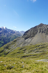 The view opening from the high hiking way from Tiefenbach glacier to Vent in Oetztal valley in the Austrian Alps 