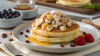 Irresistible Classic Chicken And Cheese Breakfast Pancake Drizzled With Sweet Honey And A Hint Of Cinnamon, Fluffy Golden Stack Perfect For Morning Comfort, Brunch, Or Snack Time