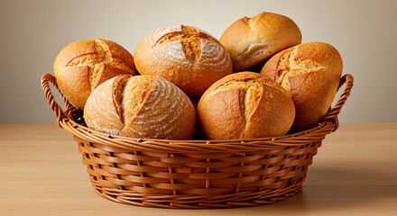 A wicker basket filled with artisan sourdough bread. Freshly baked, organic food, bakery, and traditional homemade concept