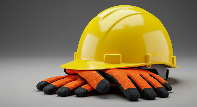 Hard hat and work gloves on a gray background
