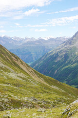 Fototapeta premium The view opening from the high hiking way from Tiefenbach glacier to Vent in Oetztal valley in the Austrian Alps 