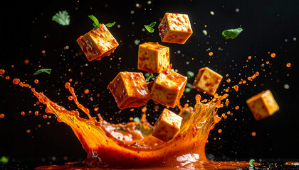 Naklejka premium Dynamic splash shot of spicy curry sauce with floating tofu cubes, vibrant herbs, and dramatic motion, creating energetic and appetizing food scene